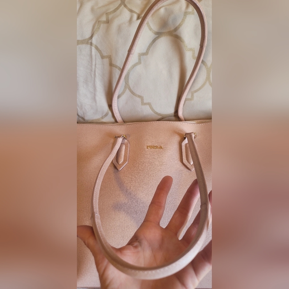 Furla Leather Tote Bag Pink Zip Up Saffino Leather Bottom Studs Large Structured - Picture 11 of 16